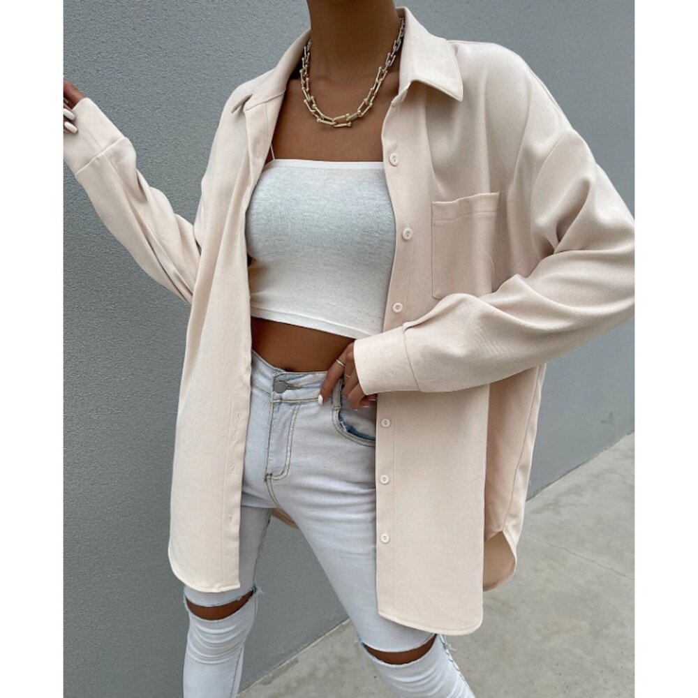Beige Oversized Pocket Front Drop Shoulder Button-Up Blouse